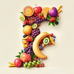 Typography of the letter F crafted from fresh fruit. Fruits and vegetables. Easy to remove background. Creative and healthy concept.
