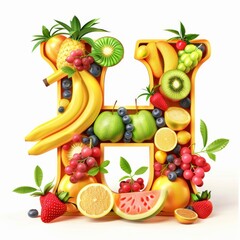 Typography of the letter H crafted from fresh fruit. Fruits and vegetables. Easy to remove background. Creative and healthy concept. 