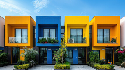 Wall Mural - External facade of a row of colorful modern urban townhouses created with Generative AI technology