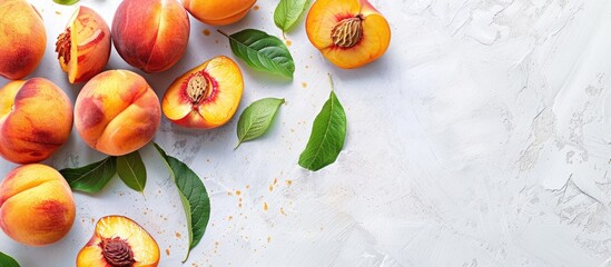 Wall Mural - Levitating peach arrangement with peaches, peach halves, and slices adorned with green leaves on a clean white surface.