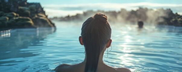 Wall Mural - A woman enjoying a serene moment in a geothermal lagoon at sunset, surrounded by calm waters and a picturesque landscape.