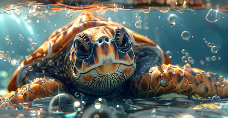 A turtle is swimming in a body of water with bubbles