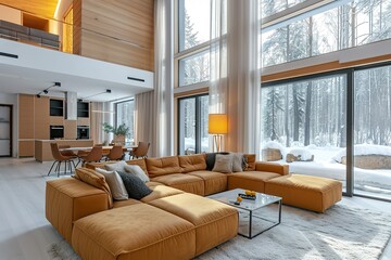 Wall Mural - Interior of spacious luxurious living room with comfortable sofa and chairs next to bright windows at contemporary home