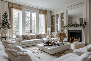 Wall Mural - London Regency-style white living room with glamorous accents and luxe fabrics
