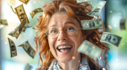 Wall Mural - A woman with red hair is throwing money in the air