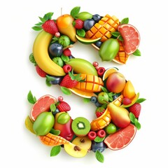 Typography of the letter S crafted from fresh fruit. Fruits and vegetables. Easy to remove background. Creative and healthy concept.