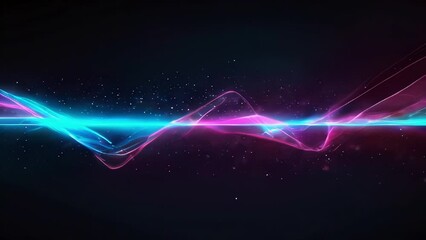 Abstract moving light waves in blue and pink color forming a zigzag pattern on a black starry background. Neon colored energy pulse. Powerful light in neon colors in the shape of a ray or zigzag