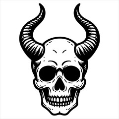 Wall Mural - Skull with horns black outline illustration.