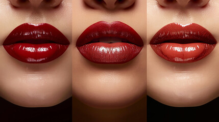 Wall Mural - wide macro closeup photo of different beautiful woman lips with red color lipstick applied