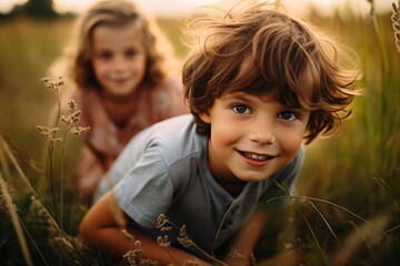 Wall Mural - children playing in the field, nature, countryside, play hide-and-seek in sunlight, happy thrilled smiling girl, boy, intense expression, wearing tshirt, excited, long hair, cheerful, friends