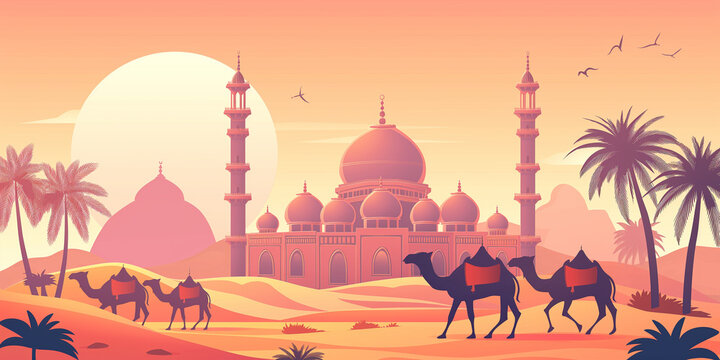 Elegant Stylized Illustration of Mosques and Camels: Perfect Eid Al-Adha Background