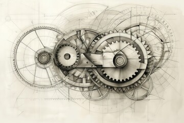 Wall Mural - cogs diagrammatic drawing on a light background