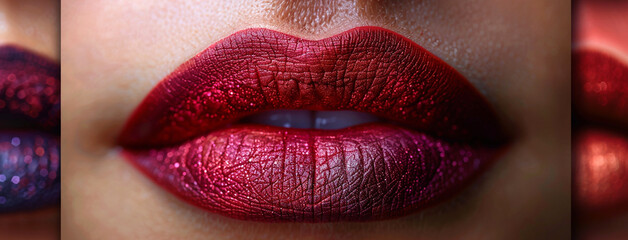 Wall Mural - wide macro closeup photo of different beautiful woman lips with red color lipstick applied