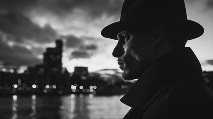 Wall Mural - A man in a hat standing next to water with city lights behind him, AI