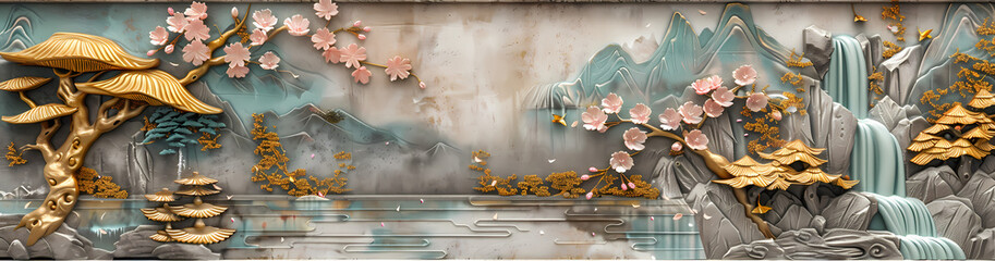 Wall Mural - colorful Volumetric stucco molding on a concrete wall with golden elements, Japanese landscape, waterfall, mountains, sakura