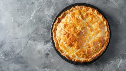 Wall Mural - View of a golden baked chicken pie from above on a gray backdrop
