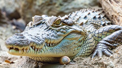 Canvas Print - Close-up of a Crocodile's Face with a Snail