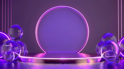 Wall Mural - Golden podium for product demonstration. Three dimensional stage on creative background with purple neon lines and glass spheres. Front view. Creative trendy concept of the year.
