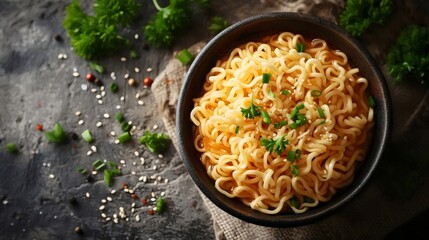Wall Mural - A bowl of noodles with parsley and sesame seeds on top