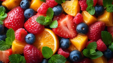 Wall Mural - A fruit salad with strawberries, blueberries, oranges, and raspberries