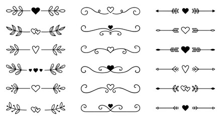 Wall Mural - text dividers with hearts doodle set. wedding decorative elements. divider ornament, borders, arrows