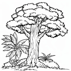 black and white illustration of a large tree with jungle plants, ideal for coloring activities and e