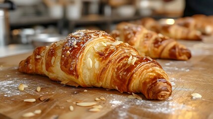 Wall Mural - A croissant with almonds on top is sitting on a wooden table