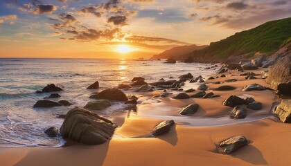 Wall Mural - sea, sunset, beach, water, sky, ocean, sun, sunrise, landscape, coast, nature, rocks, sand, dusk, clouds, rock, waves, cloud, wave, coastline, horizon, shore, summer, seascape, beautiful