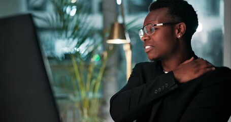 Poster - Black man, shoulder injury and night with pain on computer in stress, burnout or muscle tension at office. Young African, male person or employee with sore ache, inflammation or strain at workplace