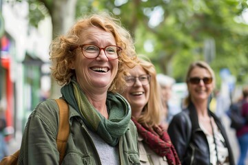 Sticker - Portrait of happy senior woman with her friends walking in the city