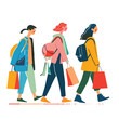 © Vectorvstocker - Three young adults walking side side carrying shopping bags. Diverse women illustrated stylish casual wear enjoying retail therapy. Modern flat graphic design friends shopping spree