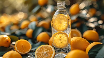 Wall Mural - A bottle of water with two slices of lemon in it