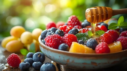 Sticker - A bowl of fruit with a spoon of honey in it