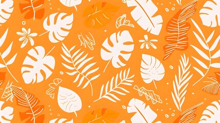 Wall Mural - Abstract Orange Summer Seamless Pattern With Copy Space for Text. Bright Tropical Leaves And Plants in Simple Minimal Style.
