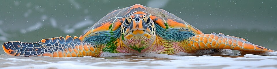 Wall Mural - Close-Up of a Vibrantly Colored Sea Turtle Emerging from Ocean Waves at a Sandy Beach - Stunning Nature and Marine Wildlife Photography