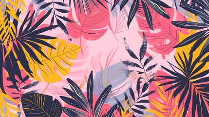 Wall Mural - Abstract Peach Magenta Summer Seamless Pattern With Copy Space for Text. Bright Tropical Leaves And Plants in Simple Minimal Style.