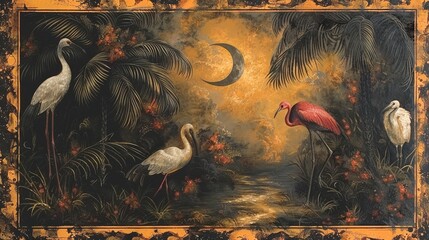 Enchanting Tropical Night Scene with Crescent Moon and Exotic Birds Amid Lush Foliage in Vibrant Orange and Green Hues