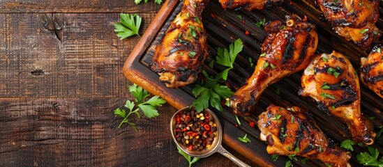 Wall Mural - Top-down view of spicy grilled chicken legs against a blank background.