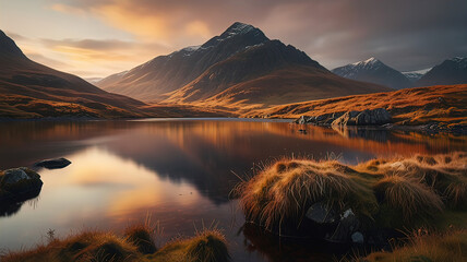 Wall Mural - Scottish Celtic Landscape, Lake, Sunset, High Mountains,