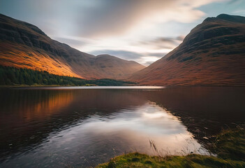 Wall Mural - Scottish Celtic Landscape, Lake, Sunset, High Mountains,