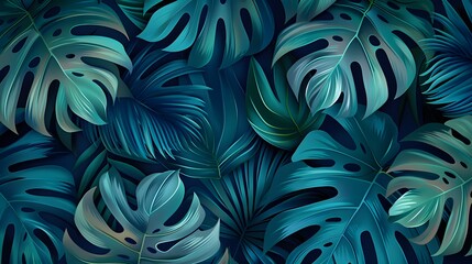 Wall Mural - Abstract Teal And Blue Summer Seamless Pattern With Copy Space for Text. Bright Tropical Leaves And Plants in Simple Minimal Style.
