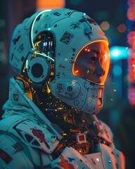 Wall Mural - A woman in a futuristic space suit with glowing lights on it