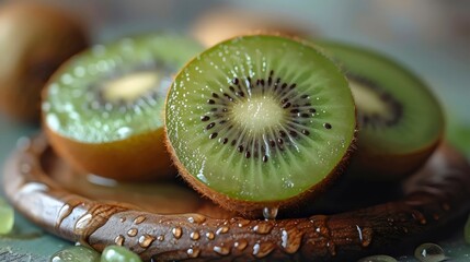 Sticker - A slice of kiwi fruit is cut in half and placed on a wooden plate
