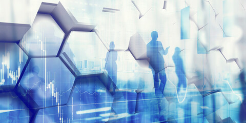 Wall Mural - Abstract image of business professionals discussing financial data, with hexagonal glass patterns and a backdrop of a modern office setting.
