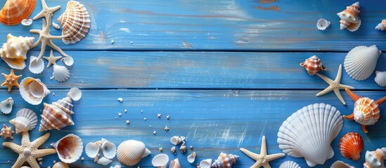 Wall Mural - Top view of a variety of seashells scattered on a blue wooden surface by the seashore