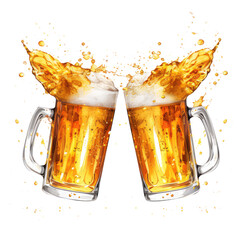 Wall Mural - Two Beer Mugs toasting creating splash isolated on transparent white background, clipping path