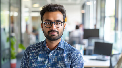 portrait of an indian software engineer standing in modern office looking at camera, tech worker