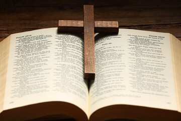 Poster - Bible and cross on table, closeup. Religion of Christianity