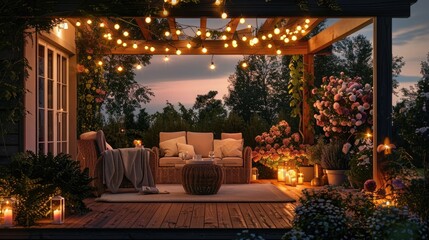 Summer evening on the terrace of beautiful suburban house with patio with wicker furniture and lights