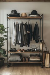 Wall Mural - A wooden clothes rack with hats and clothes hanging on it. interior design concept